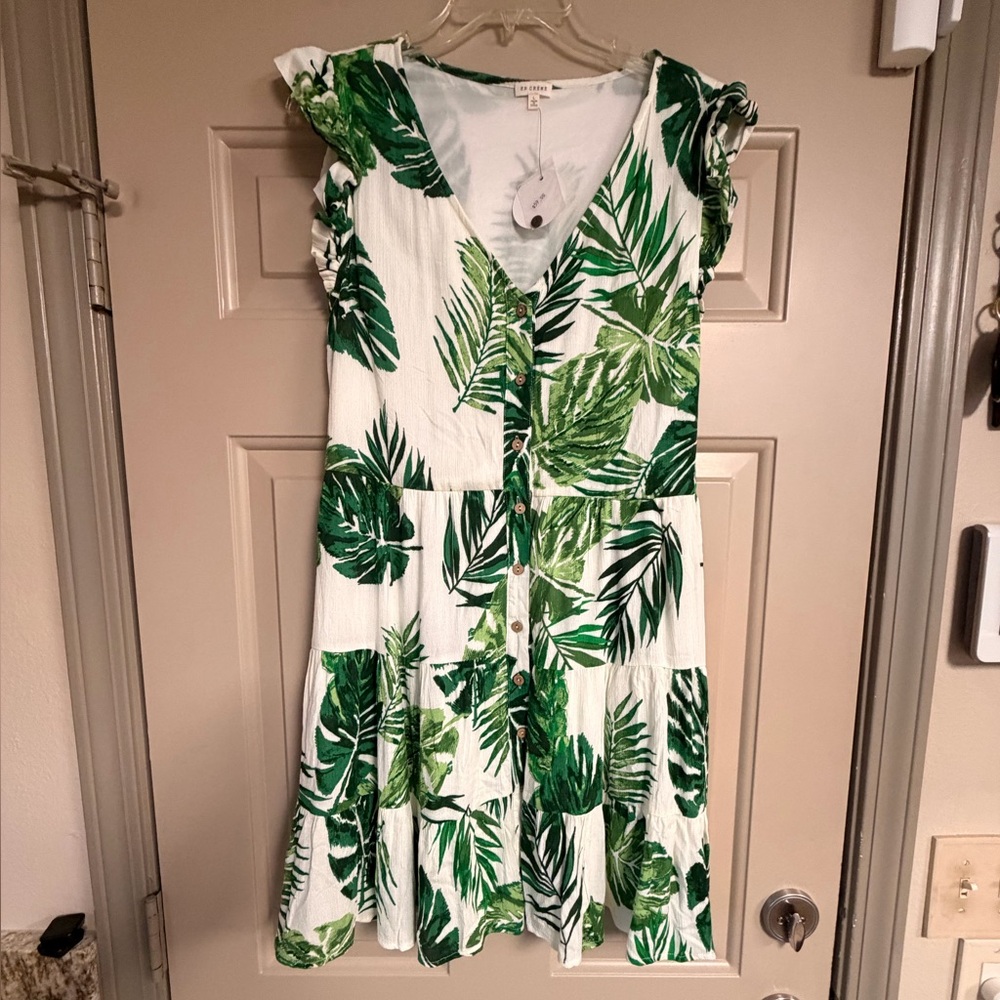 En Créme Women’s Size Large Tropical Green Leaf V-Neck Button-Front Dress - Picture 3 of 13